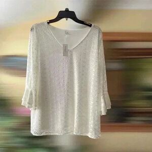 Dress barn cream lace lined  blouse 3/4 bell Sleeve ivory size Large